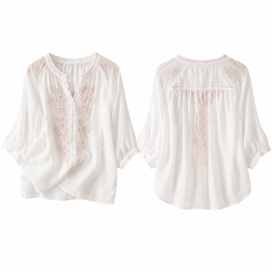 Pink and White Floral Embroidered 3/4 Sleeve Peasant Blouse