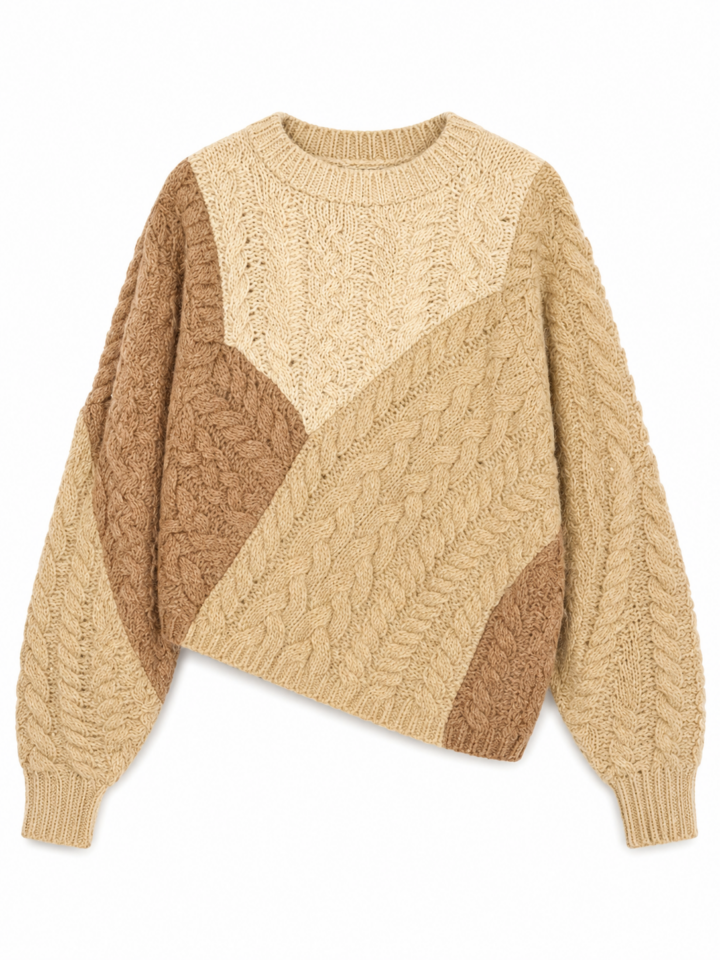 Tan Beige Colorblock Oversized Crew Neck Sweater