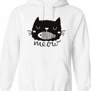 White Relaxed Fit Cat Graphic Pullover Hoodie
