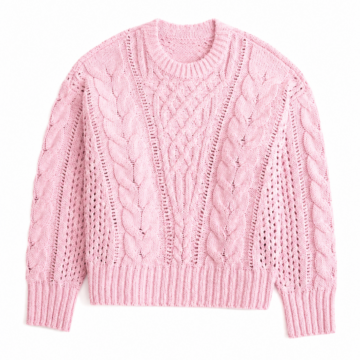 Light Pink Cable-Knit Crewneck Sweater with Diamond Motif and Ribbed Trim
