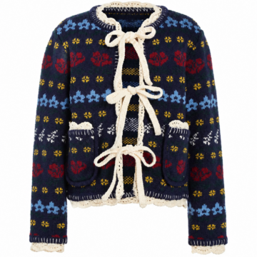 Navy Cropped Cardigan with Floral and Geometric Striped Knit and Tie Closure