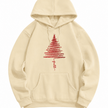 Cream Oversized Pullover Hoodie with Red Christmas Tree Graphic