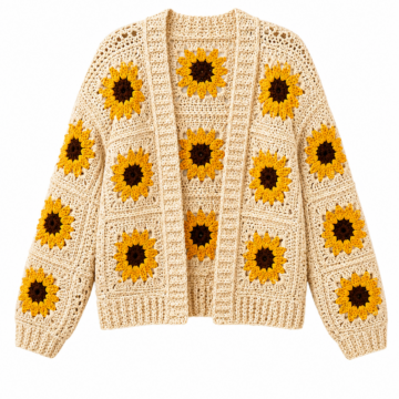 Cream Granny Square Crochet Cardigan with Sunflower Motif (Open Front)