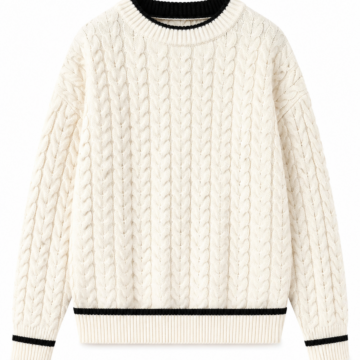 Cream Cable Knit Sweater with Black Stripe Trim