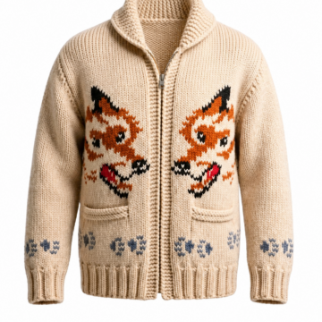 Beige Zip-Up Knit Cardigan with Fox Intarsia Pattern