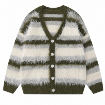 Olive Green Cream Grey Striped Eyelash Knit Cardigan