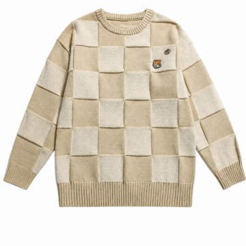 Cream Checkered Oversized Crewneck Sweater with Tiger Patch