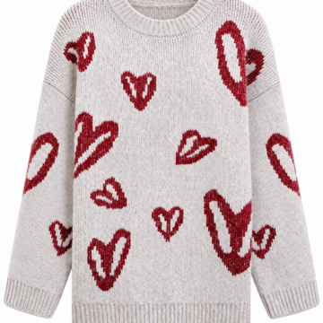 Light Grey Red Heart Intarsia Crewneck Sweater