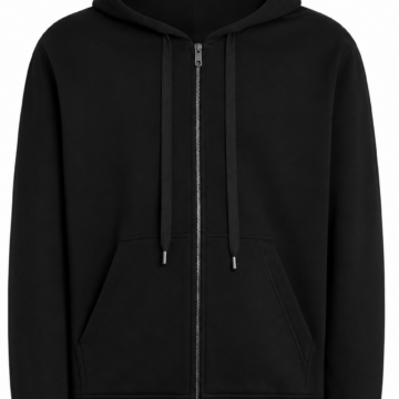 Black Full-Zip Hoodie with Attached Hood and Pockets