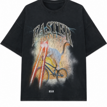 Faded Black Oversized Graphic Tee with Bicycle Art
