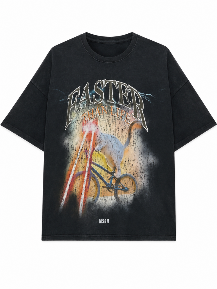 Faded Black Oversized Graphic Tee with Bicycle Art
