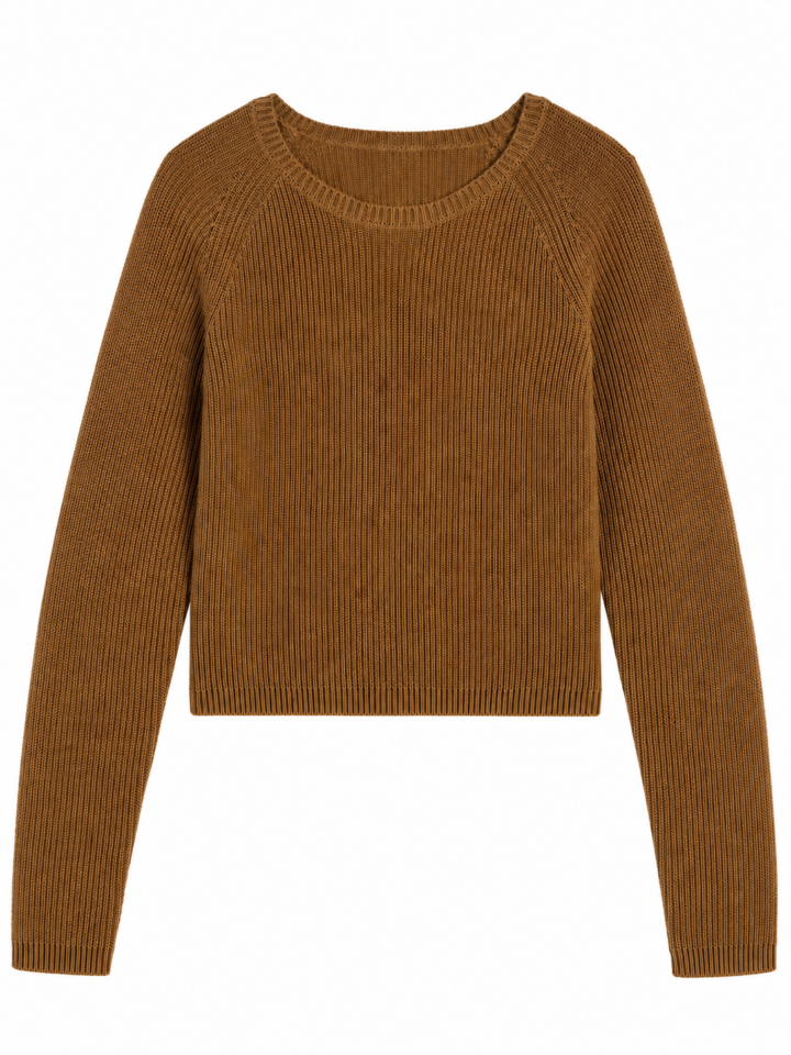 Medium Brown Cropped Crew Neck Ribbed Sweater