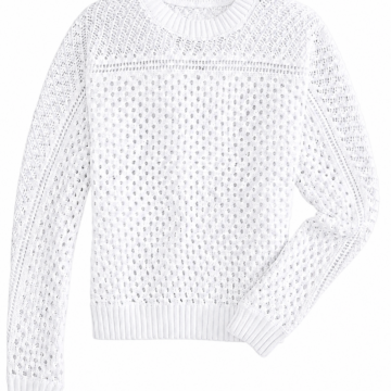 White Pointelle Crew Neck Pullover Sweater