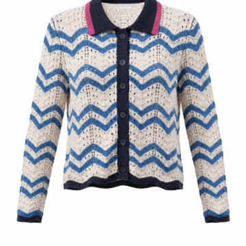 Cream Pointelle Cardigan with Blue Zigzag Pattern and Navy Trim
