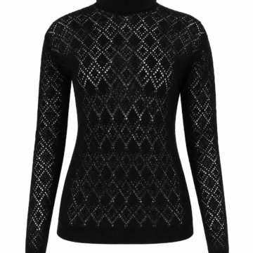 Black Fitted Turtleneck Sweater with Diamond Pointelle Knit
