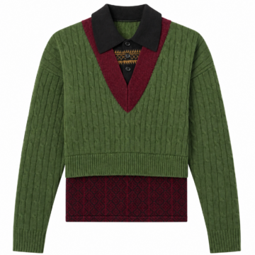 Olive Green Layered V-Neck Cable Knit Sweater