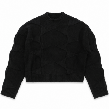 Black Cropped Cable Knit Sweater with Mock Neck