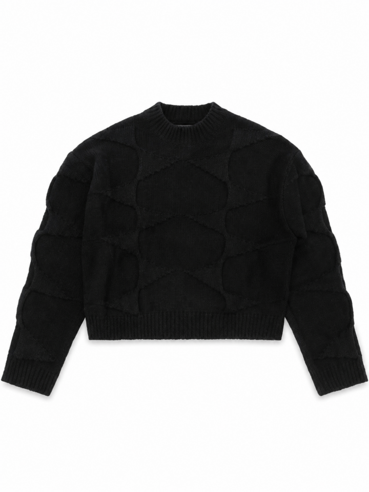 Black Cropped Cable Knit Sweater with Mock Neck