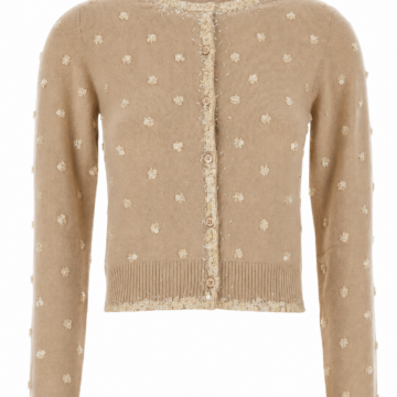 Tan Button-Up Cardigan with Cream Floral Embroidery