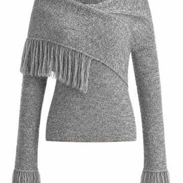 Grey Marled Off-Shoulder Fringe Wrap Sweater