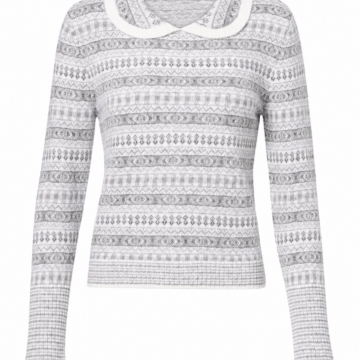 White and Grey Geometric Peter Pan Collar Slim Fit Sweater
