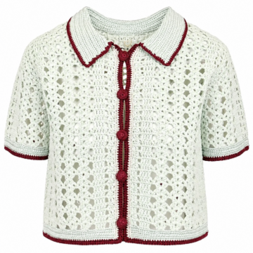Off-White Crochet Cardigan with Red Trim and Pointed Collar