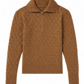 Mid-Brown Quarter-Zip Sweater with Textured Knit and Mock Collar