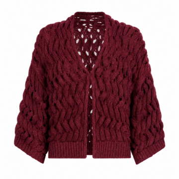 Burgundy Open-Front Chunky Cable Knit Cardigan with Eyelet Details