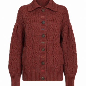 Burgundy Cable-Knit Cardigan with Embroidered Dragonflies