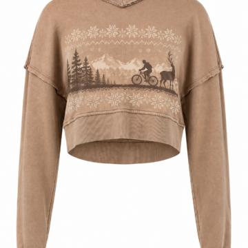 Camel Cropped Sweatshirt with Winter Scene Graphic