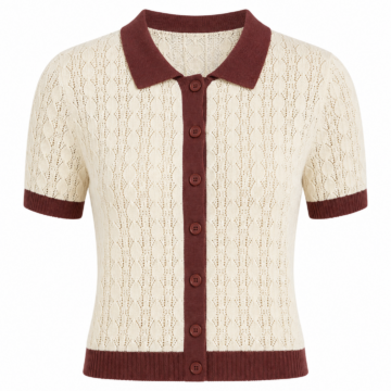 Cream Pointelle Polo Knit Shirt with Zigzag Pattern