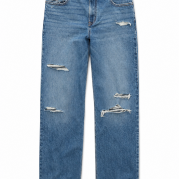 Medium Blue Distressed Straight Jeans with Raw Hem