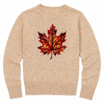 Beige Crewneck Sweater with Red Maple Leaf Graphic