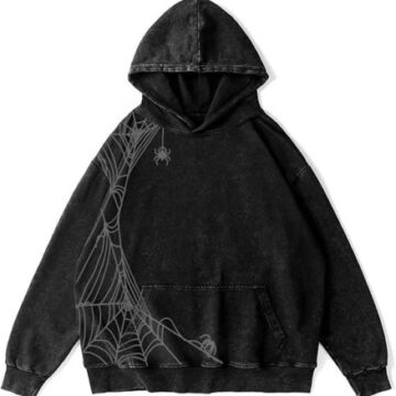 Black Oversized Acid-Wash Spiderweb Hoodie