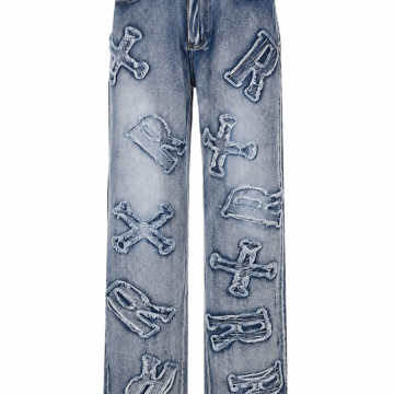 Blue Straight-Leg Stone-Washed Jeans with Crossbone Appliqués