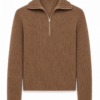 Brown Quarter-Zip Ribbed Knit Pullover Sweater