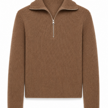 Brown Quarter-Zip Ribbed Knit Pullover Sweater