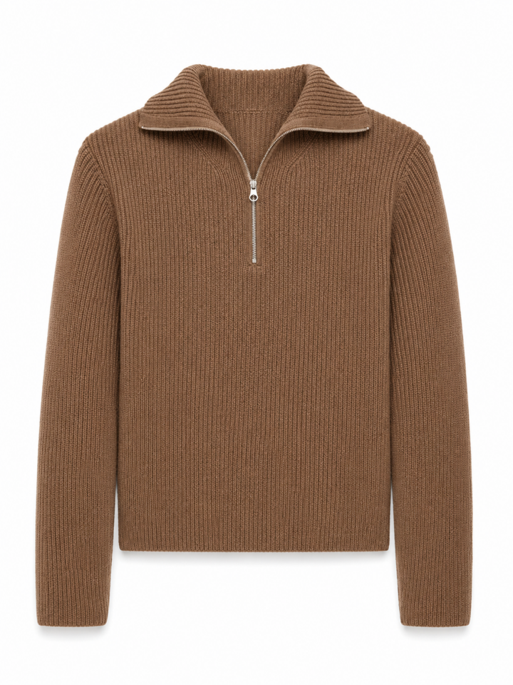 Brown Quarter-Zip Ribbed Knit Pullover Sweater