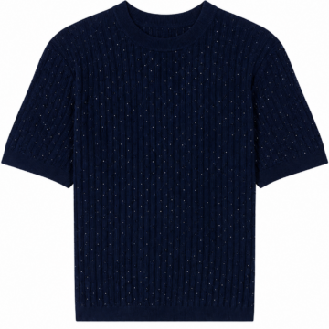 Navy Short-Sleeve Cable-Knit Sweater with Crew Neck