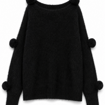 Black Oversized Boat Neck Knit Sweater with Pom-Poms