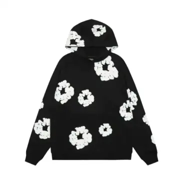 Black Oversized Pullover Hoodie with Floral Print