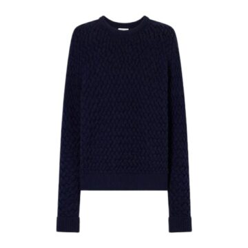 Dark Navy Blue Geometric Cable Knit Crewneck Sweater