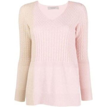 Pale Pink V-Neck Sweater with Cream Color Block and Diamond Lattice Stitch