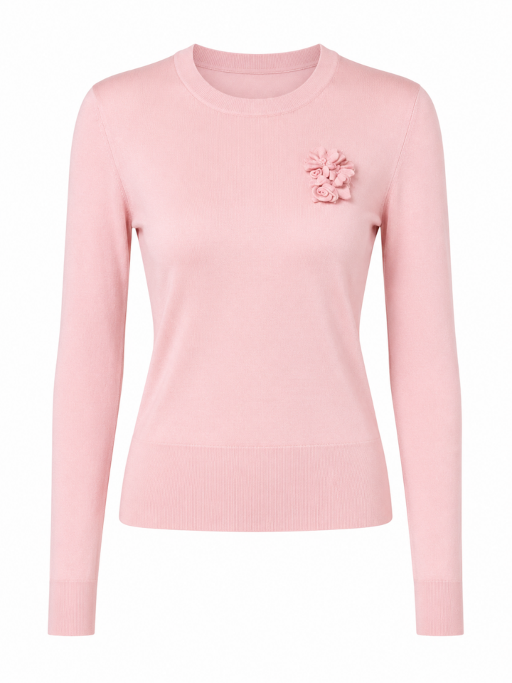 Light Pink Slim Fit Sweater with Floral Appliqué