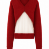 Deep Red V-Neck Cropped Knit Cardigan with Sheer Mesh Panel
