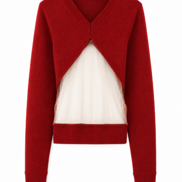 Deep Red V-Neck Cropped Knit Cardigan with Sheer Mesh Panel