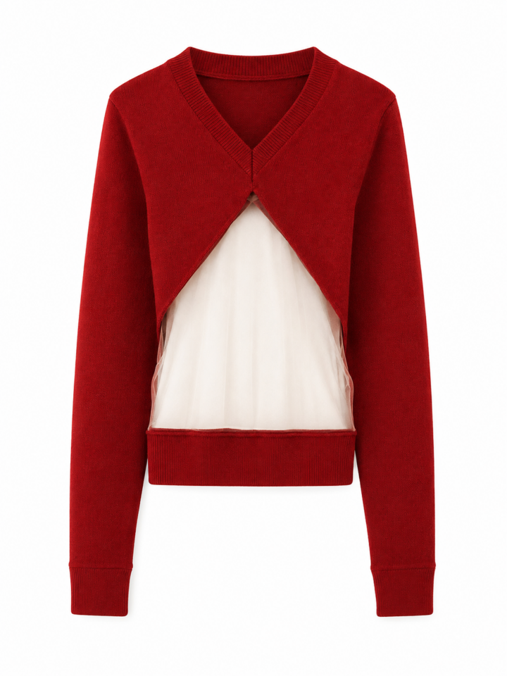 Deep Red V-Neck Cropped Knit Cardigan with Sheer Mesh Panel