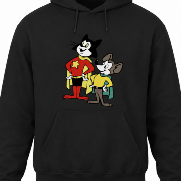 Black Relaxed Fit Hoodie with Superhero Cat and Mouse Graphic