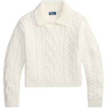 White Cropped Cable-Knit Polo Collar Sweater
