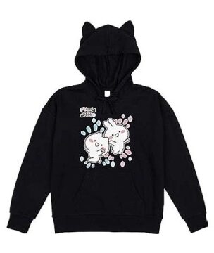 Black Oversized Graphic Pullover Hoodie with Cartoon Rabbit Print